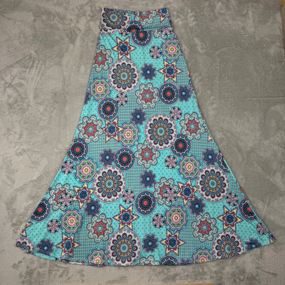 Hershe Women's Maxi Skirt Size Small Blue Boho Medallion Print Stretch USA